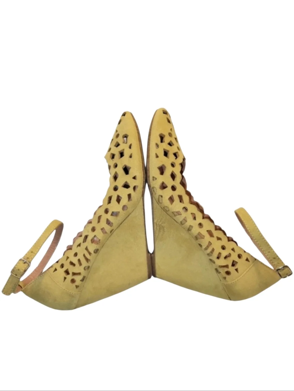 Mix No 6 Yellow Suede Laser-Cutout 4 Inch Wedge Heels Size 8 1/2